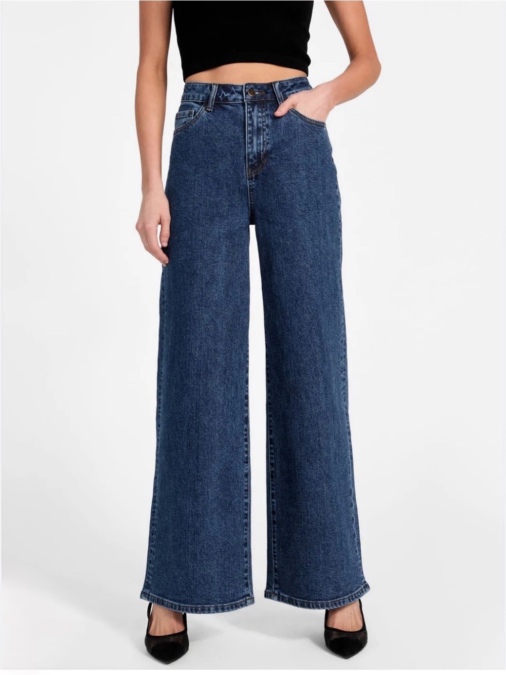 Guess Women's High-Rise Wide Leg Jeans in Dark Blue Denim Size 28